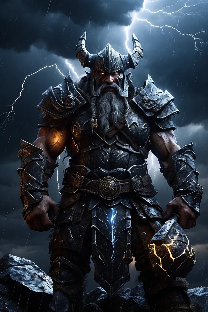 In the midst of a raging storm, a powerful warrior stands tall. His armor is made of the finest steel, and his helmet is adorned with the horns of a great beast. His eyes are filled with fury, and his beard is matted with blood. In one hand, he holds a massive hammer, and in the other, he holds a shield. He is ready for battle.