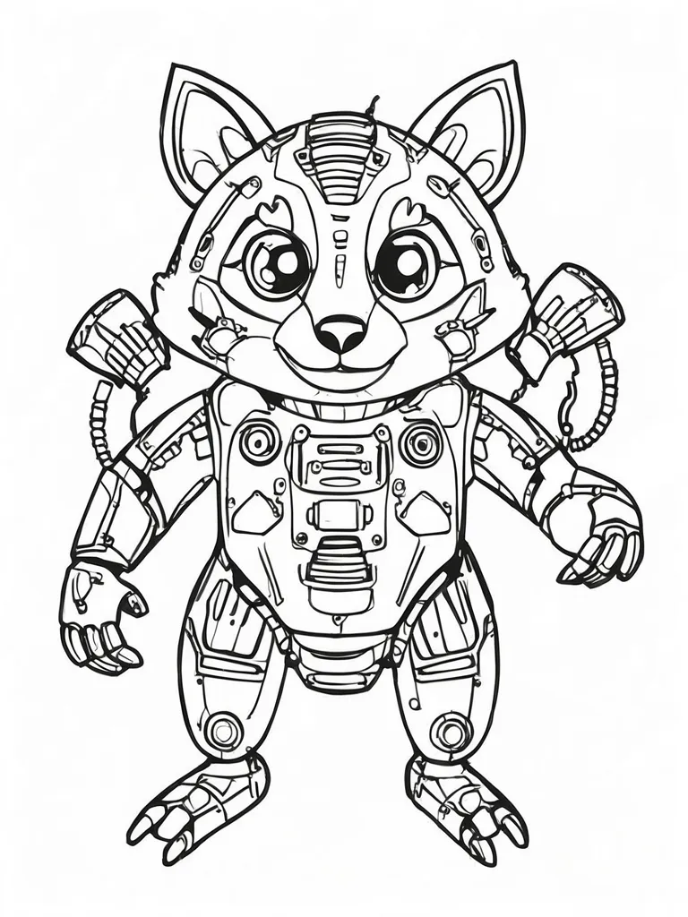 The image shows an animal that looks like a raccoon. It is a robot. It has big eyes and a small nose. It is wearing a suit of armor. The armor has a lot of buttons and lights on it. The robot is standing on two legs and has its arms outstretched.