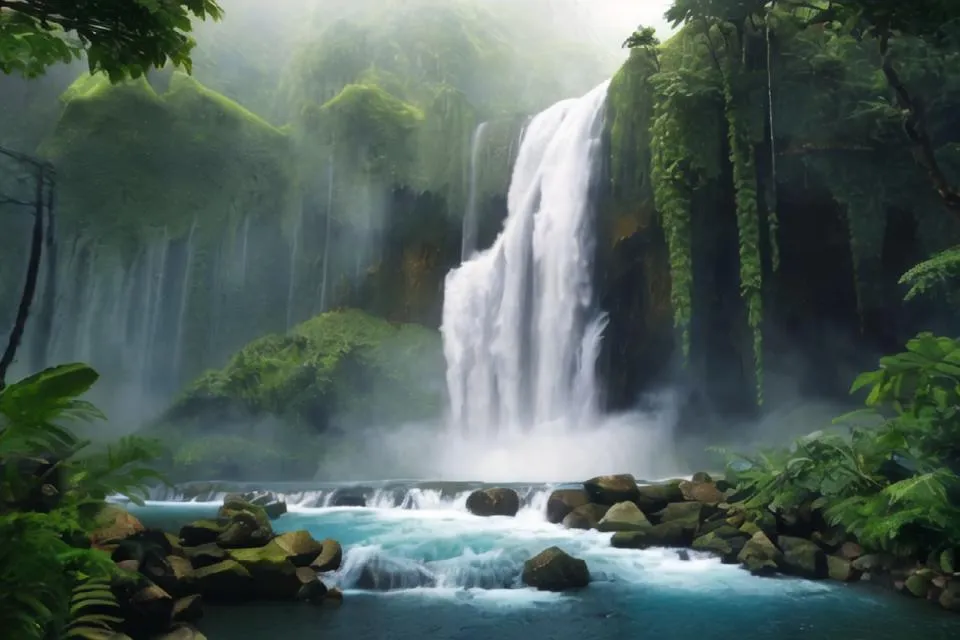 The waterfall is cascading down from a height, with a small body of water at the bottom. The waterfall is surrounded by a lush green jungle with bright, vibrant green vegetation. The water in the pool at the bottom of the waterfall is a crystal clear blue. There is a large rock in the middle of the pool. The waterfall is in a remote, secluded location, with no sign of human civilization.