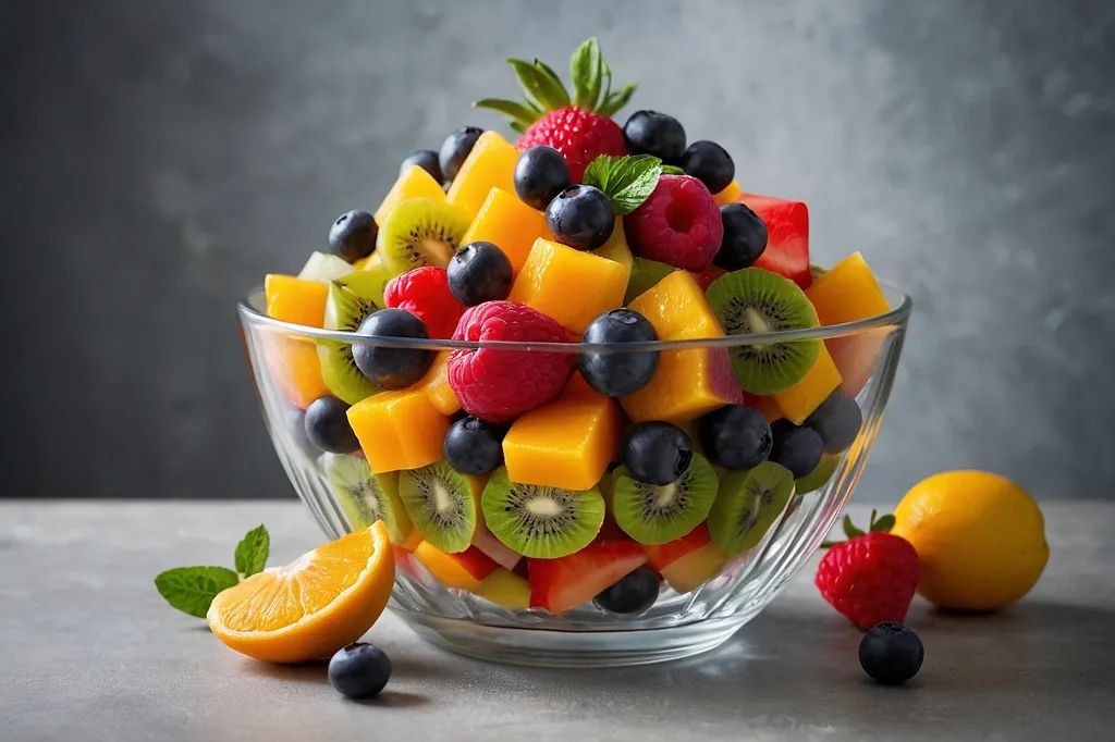 A bowl of fresh fruit salad with strawberries, blueberries, raspberries, kiwi, and mango. The fruit is arranged in a colorful and appealing way. The bowl is sitting on a gray table. There is a lemon wedge and a few mint leaves on the table next to the bowl. The background is a gray wall. The image is well-lit and the colors are vibrant.