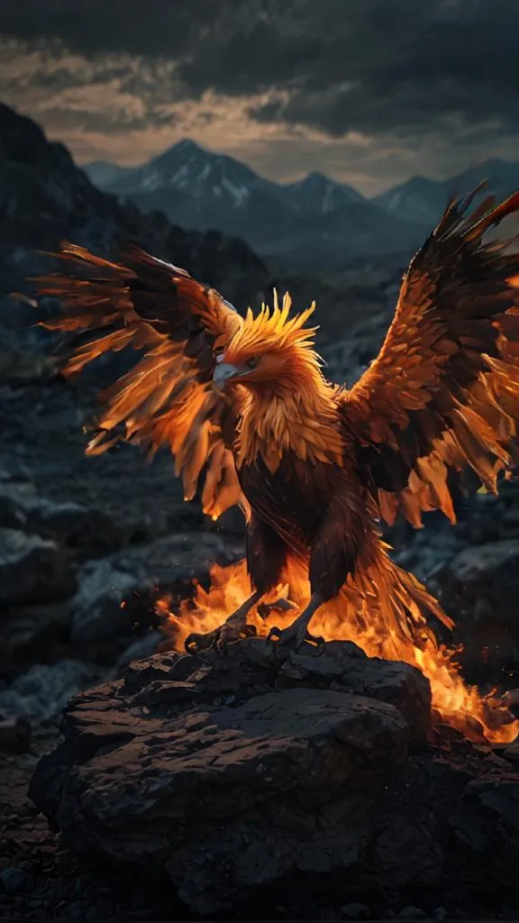 The phoenix is a mythical bird that is said to rise from its own ashes. It is a symbol of hope, renewal, and immortality. The phoenix is often depicted as a large, brightly colored bird with a long, flowing tail. It is said to be able to fly high into the sky and to create a nest of fire. When the phoenix dies, it is said to burst into flames and then to be reborn from the ashes.