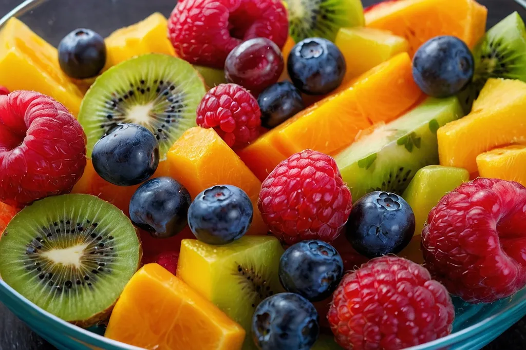 A bowl of fresh fruit salad with raspberries, blueberries, kiwi, and peaches. The fruit is arranged in a colorful and appealing way. The salad is healthy and refreshing.