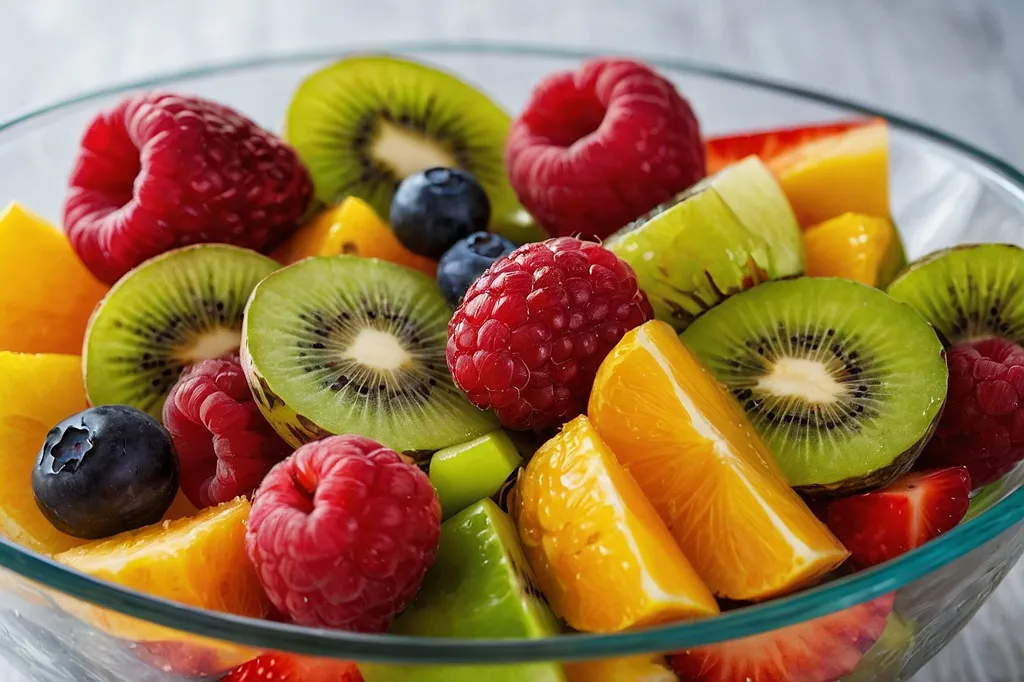 The image shows a bowl of fresh fruits. There are green kiwis, red raspberries, blue blueberries, orange oranges, and strawberries. The fruits are all cut into small pieces and arranged in a visually appealing way. The bowl is sitting on a white table. The background is a blurred light gray.