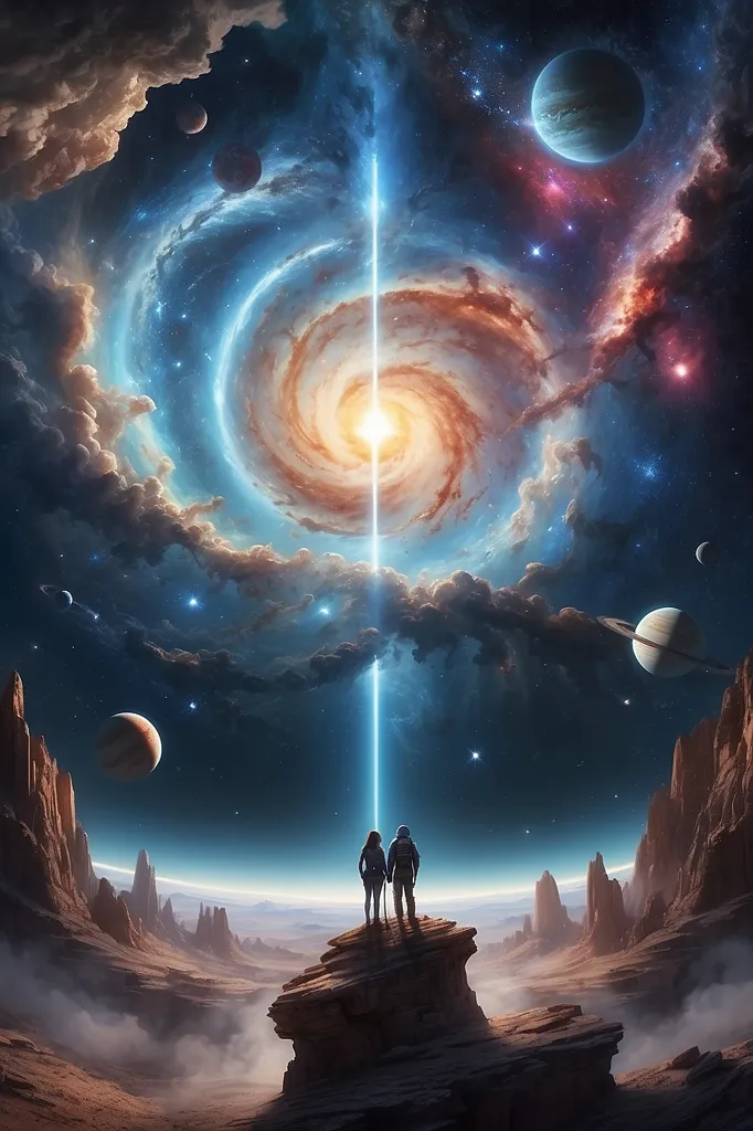 The image is set in a vast, starry void. There are two figures standing on a rocky outcropping, looking out at the scene. The woman is wearing a white dress and the man is wearing a black suit. They are both looking up at a large, glowing spiral galaxy. The galaxy is surrounded by stars and clouds of gas. There are several planets orbiting the galaxy. The scene is one of awe and wonder. The image is very detailed and realistic.