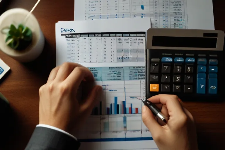 A person is seen using a calculator and a pen while looking at a document that has graphs and charts on it. The individual is dressed in a formal business suit and is seated at a desk. There is a potted plant and some other papers on the desk.