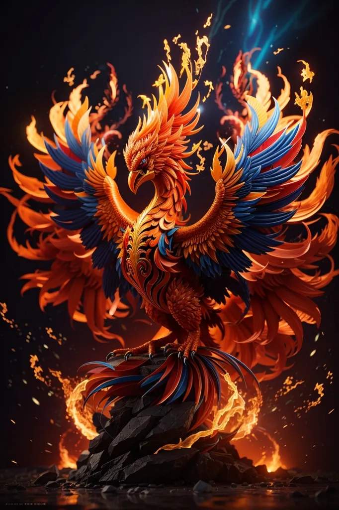 The image shows a phoenix, a mythical bird that is said to be a symbol of hope and renewal. The phoenix is depicted as a large, majestic bird with fiery orange and yellow feathers. It is standing on a rock, with its wings spread wide. The background is a dark, fiery orange color, with sparks of fire flying through the air. The phoenix is looking to the left of the frame, with its head turned slightly to the side. Its eyes are closed, and its beak is slightly open. The image is both beautiful and powerful, and it evokes a sense of hope and optimism.