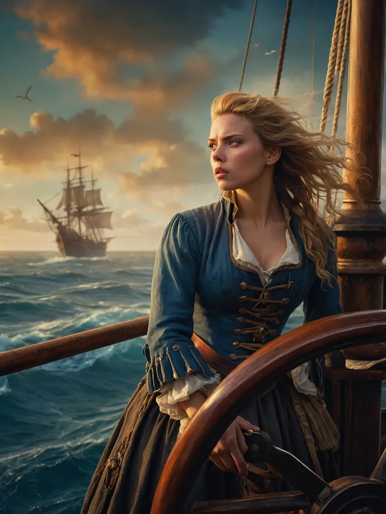 The image shows a woman standing on the deck of a ship. She is dressed in a blue and white outfit and has her hair blowing in the wind. She is looking out at the sea, which is rough and choppy. There are two ships in the distance. The woman is holding the ship's wheel. She looks determined and focused.