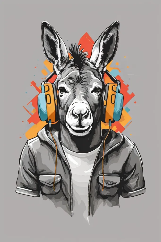 A cool donkey wearing a white shirt and grey jacket with headphones. The donkey has a smug look on its face. The background is grey with colorful abstract shapes.