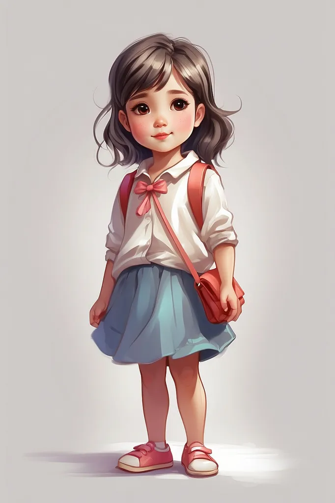 The image shows a young school girl. She is wearing a white blouse, a blue skirt, and red shoes. She has a red bow in her hair and is carrying a red purse. She has short brown hair and brown eyes. She is standing with her feet shoulder-width apart and her hands at her sides. She is looking at the viewer with a shy smile on her face.