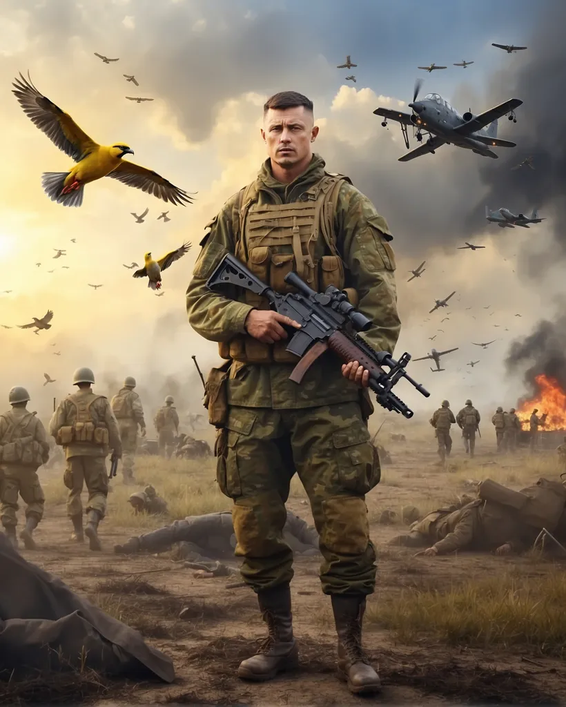 A soldier stands in a field of battle. He is wearing a military uniform and carrying a gun. There are dead bodies all around him. The sky is filled with smoke and fire. There are planes flying overhead. The soldier looks tired and sad. He has seen too much death and destruction. He wants to go home, but he knows that he must stay and fight.