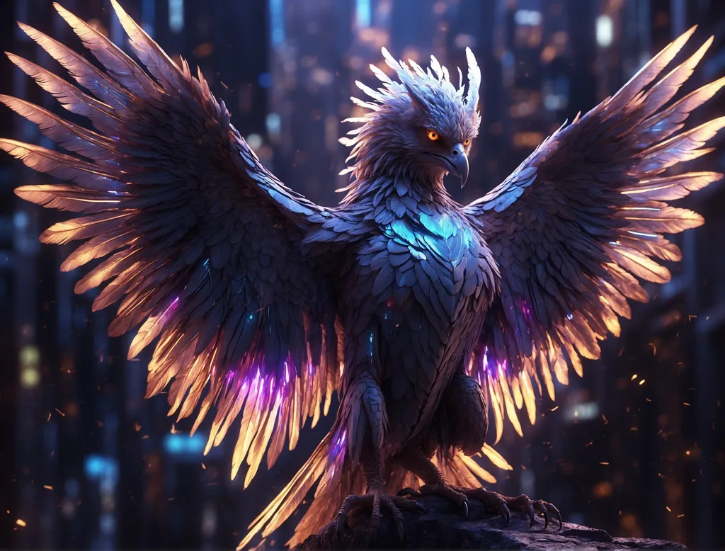 The image is a dark, feathered phoenix with glowing, rainbow-colored eyes. It is standing on a rock in front of a dark blue background with a city in the distance. The phoenix's wings are spread wide and its feathers are glowing with a rainbow of colors. The image is very detailed and the phoenix looks very realistic.