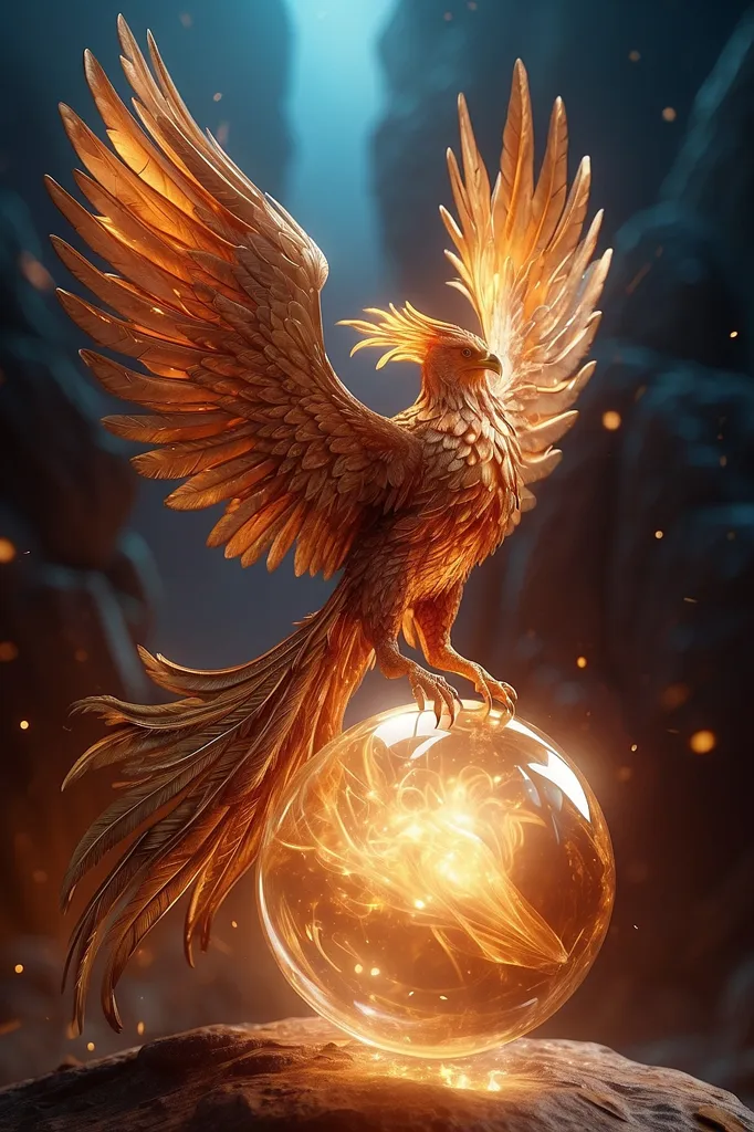 The image shows a majestic golden phoenix with its wings spread wide. It is standing on a rock in front of a dark background. The phoenix is looking down at a glowing orb that is resting on the rock. The orb is made of fire and is surrounded by a mist. The phoenix's feathers are made of fire and are glowing brightly. The image is very detailed and realistic.