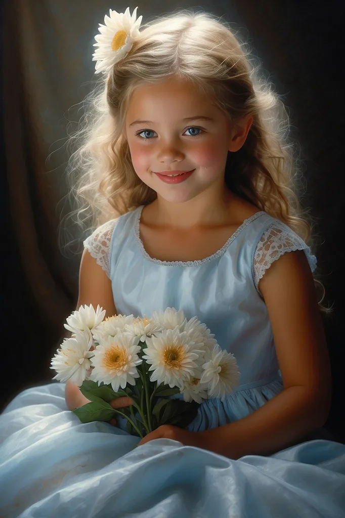 The little girl is wearing a light blue dress with white lace sleeves. Her blonde hair is in ringlets and she has a daisy in her hair. She is holding a bouquet of white daisies. She has a sweet smile on her face and her eyes are sparkling. The background is a dark brown.