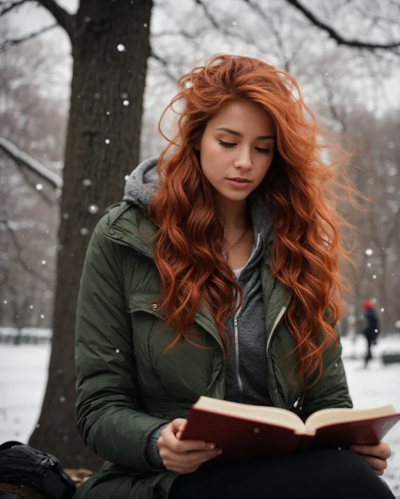 A young woman is sitting on a bench in a park, reading a book. She has long, red hair and is wearing a green jacket. It is snowing lightly, and the trees are bare. The woman is lost in her book, and she doesn't seem to notice the snow. She is wearing a thoughtful expression, and it is clear that she is enjoying her book.