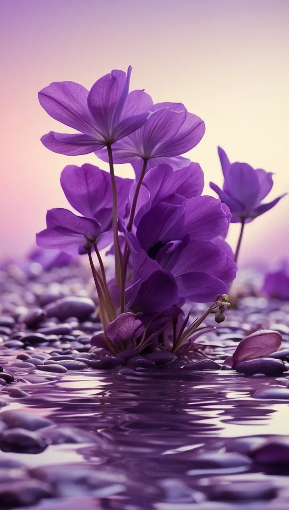 The image is of purple flowers growing out of a body of water. The flowers are in full bloom and surrounded by green leaves. The water is still and clear, reflecting the flowers and the sky above. The sky is a gradient of purple and pink, with the sun setting in the distance. The overall effect of the image is one of peace and tranquility.