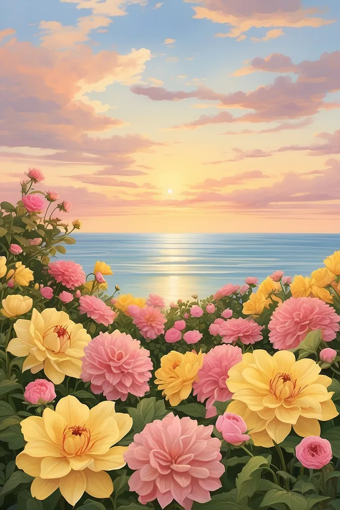 The image shows a field of flowers in front of a body of water. The sky is a gradient of pink, orange, and yellow, with white clouds. The flowers are mostly pink and yellow, with some green foliage. The water is blue and calm, with a few waves crashing on the shore. The overall effect is one of peace and tranquility.