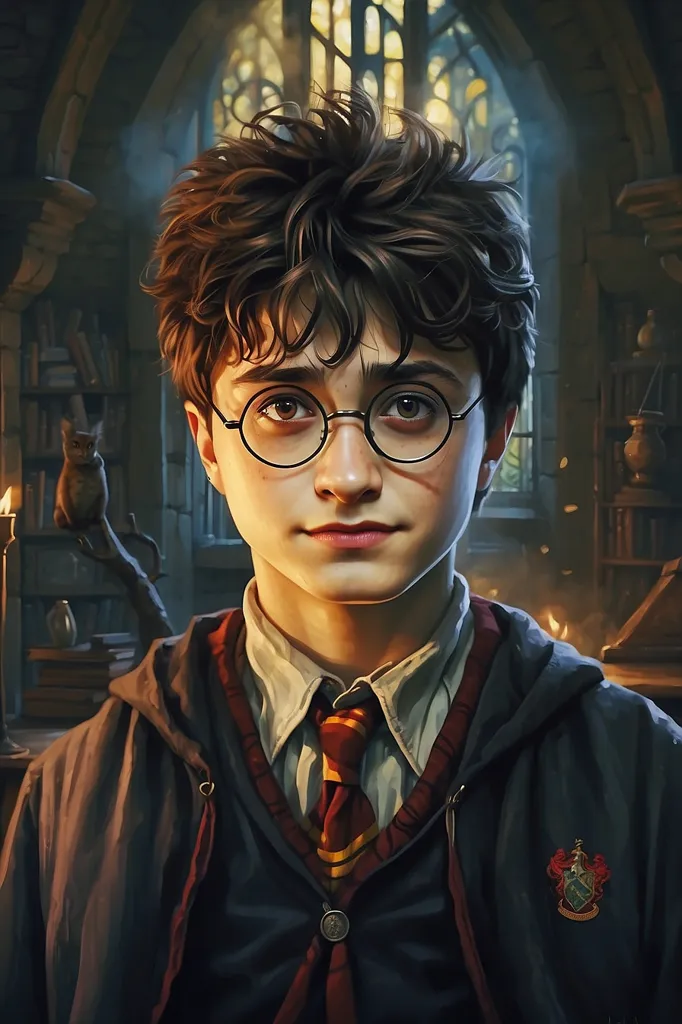 This is a picture of Harry Potter, a fictional character in a book series written by J.K. Rowling. He is a young wizard who attends Hogwarts School of Witchcraft and Wizardry. Harry is a kind and compassionate boy who is always willing to help others. He is also very brave and resourceful. He has a scar on his forehead that is shaped like a lightning bolt. He wears glasses and has messy brown hair.