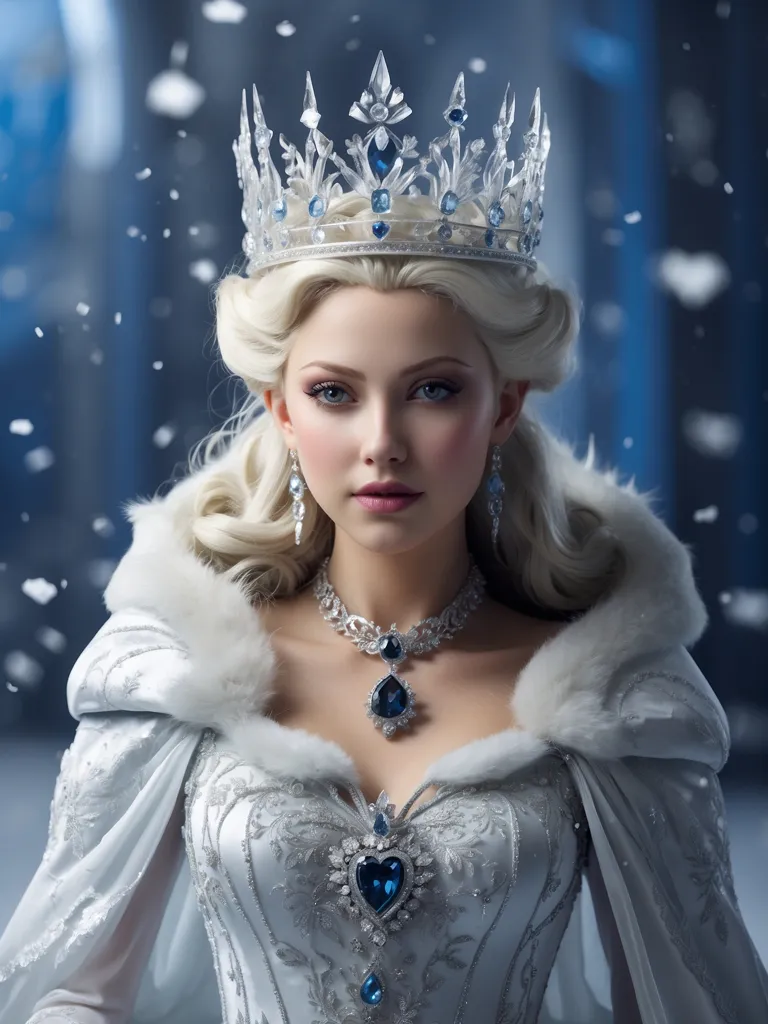 The Snow Queen is a beautiful, yet cold and distant figure. She is dressed in a white gown with a fur-trimmed cape, and her hair is styled in an elaborate updo. Her eyes are a piercing blue, and her skin is pale and flawless. She is wearing a necklace with a large blue gem in the center, and her crown is adorned with glittering snowflakes.