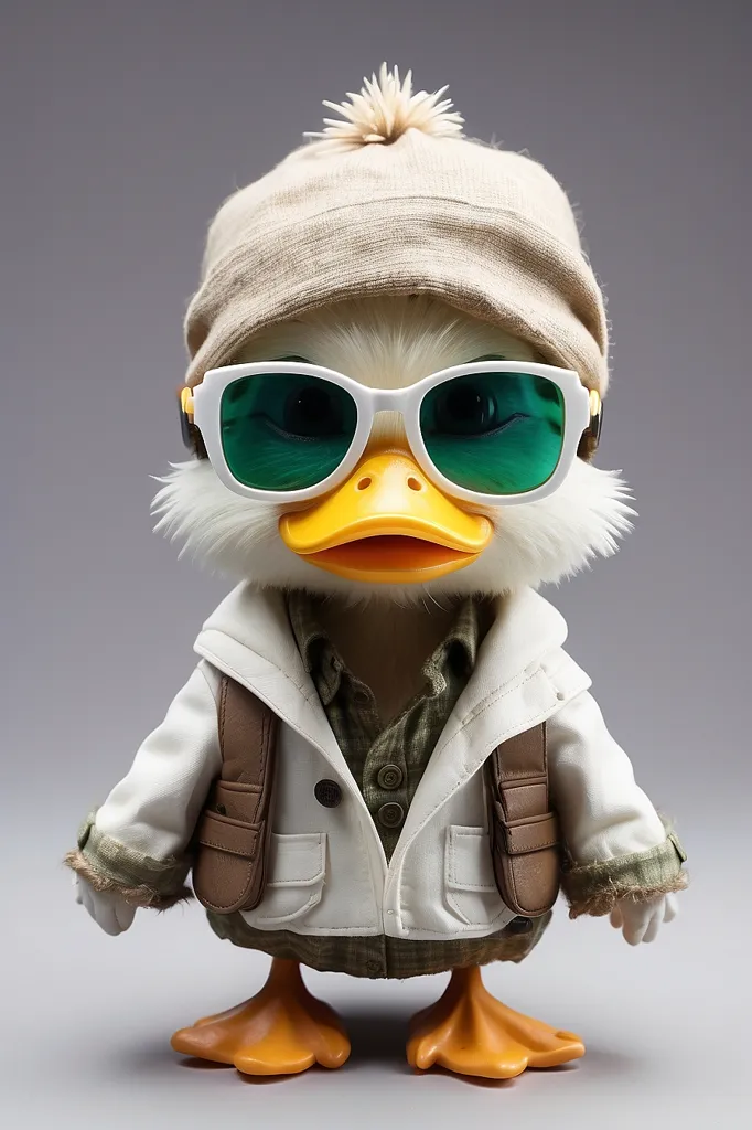 This is a 3D rendering of a duck wearing clothes. The duck is wearing a tan beanie with a white pom-pom, green sunglasses, a white shirt with a green button, a tan jacket with brown shoulder pads, and a brown utility vest. The duck is standing on two webbed feet and has a slightly smug expression on its face.