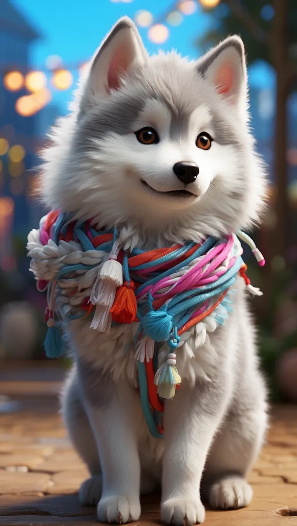 The image shows a cute and fluffy white puppy with light brown eyes. It is wearing a colorful scarf with tassels around its neck. The puppy is sitting on a wooden floor with a blurred background of lights. The puppy has a happy expression on its face and is looking up at the viewer.