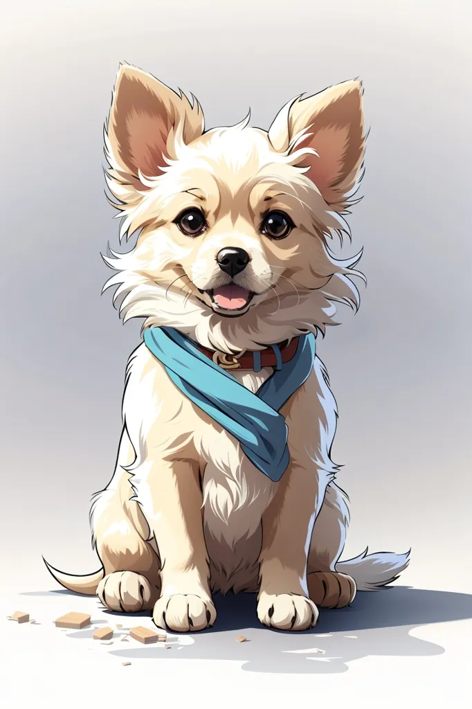 This is an image of a cute puppy with light fur and brown eyes. It has a blue scarf around its neck. It is sitting on a white background and looking at the viewer with a happy expression. The puppy is drawn in an anime style and has a soft, fluffy appearance.