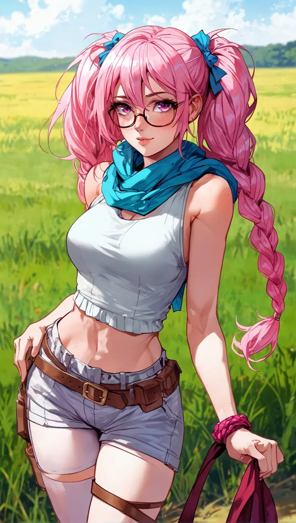 An anime girl with pink hair and glasses is standing in a field of green grass. She is wearing a white crop top, blue scarf, and gray shorts. She has a brown belt on and her pink hair is in a long braid. She is looking at the viewer with a serious expression on her face.