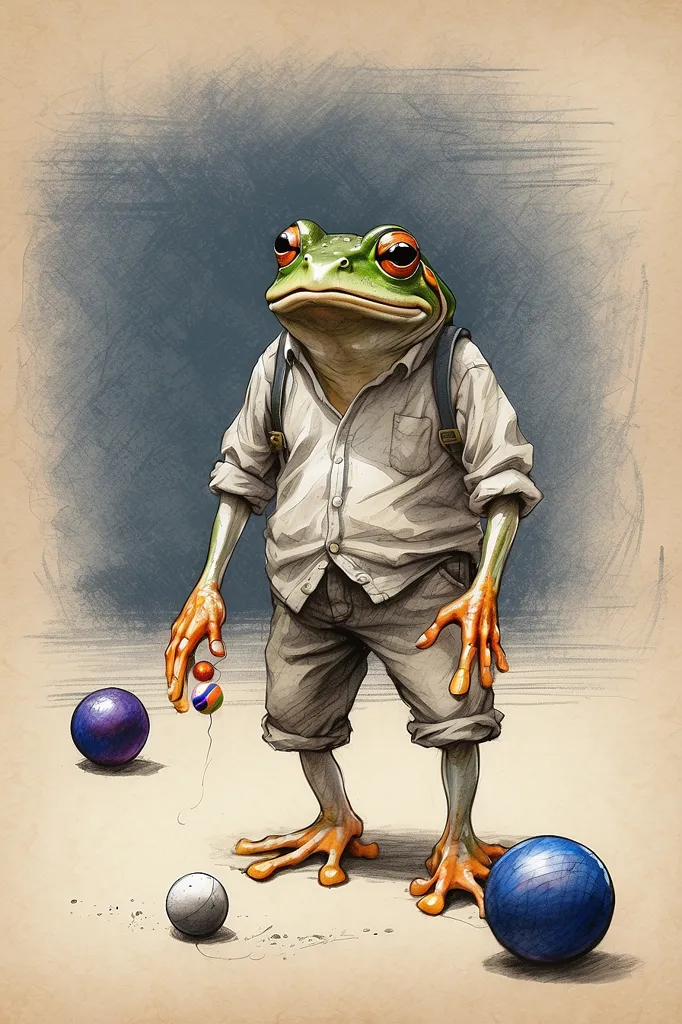 The image shows a anthropomorphic frog wearing a shirt and pants. The frog is standing on two legs and has a backpack on. It is holding a small ball in its right hand and there are three larger balls on the ground near its feet. The frog is looking at the small ball in its hand. The image is drawn in a realistic style and the colors are muted.