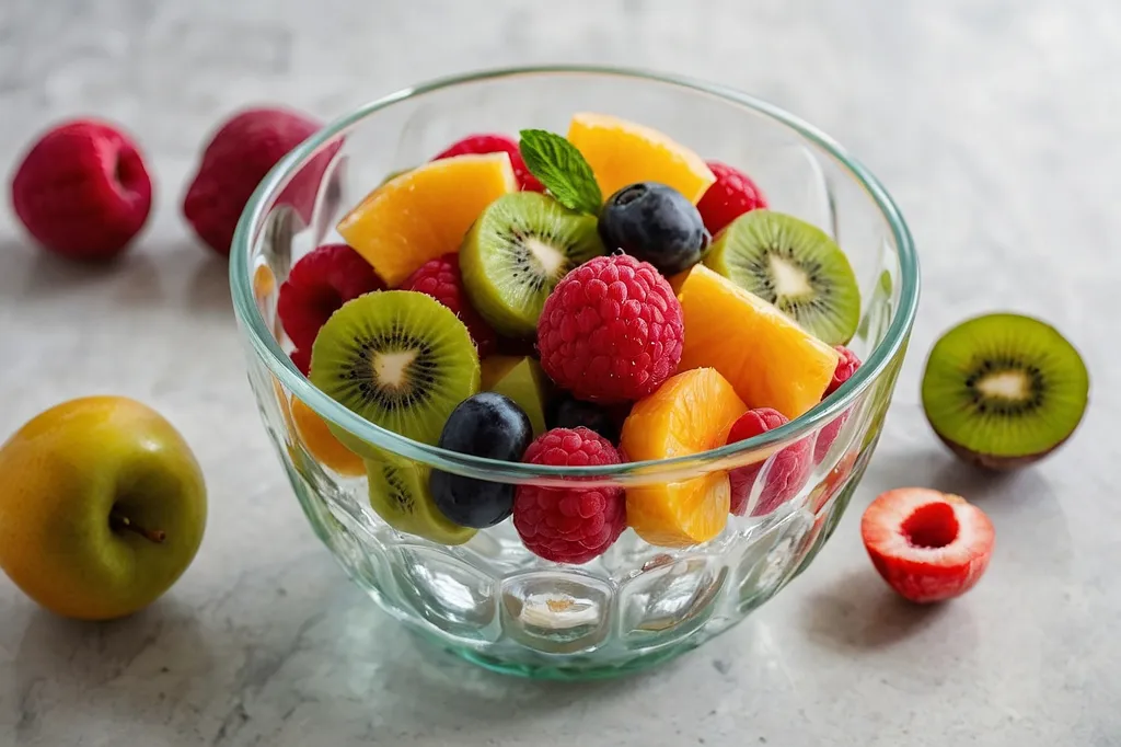 A bowl of fresh fruit salad with raspberries, blueberries, peaches, kiwi, and apples. The fruit is arranged in a colorful and appealing way. The bowl is sitting on a white table. There are also some strawberries and kiwi slices scattered on the table next to the bowl.