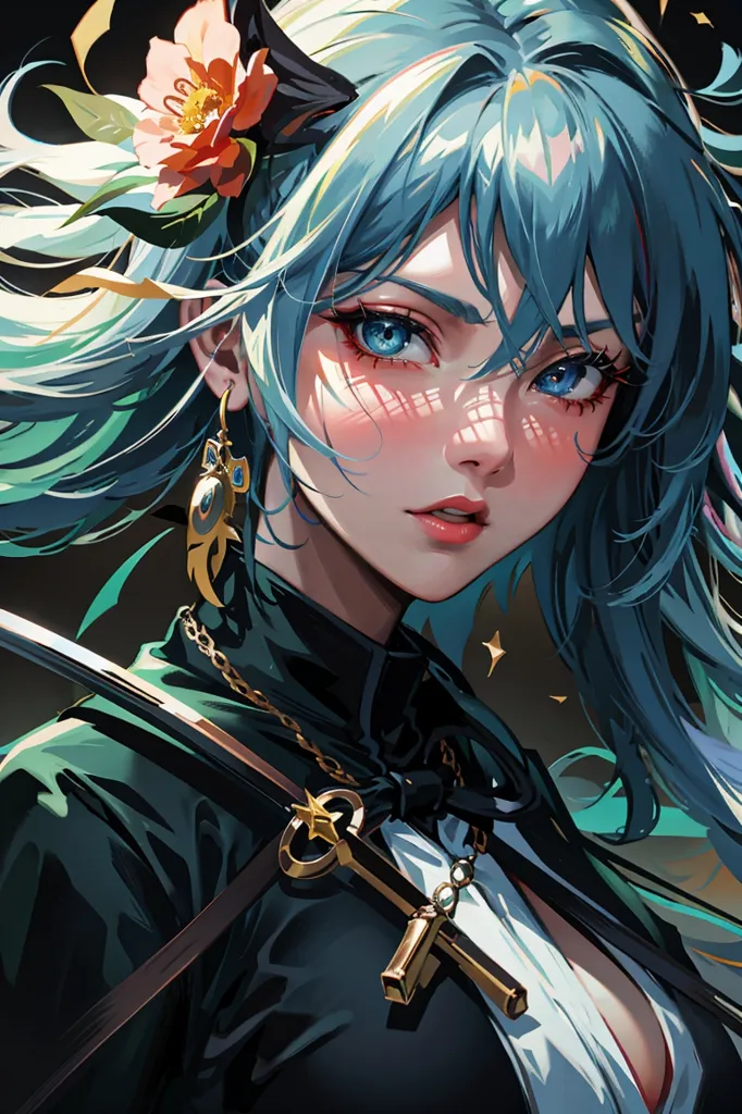 This is an image of a beautiful anime girl with long blue hair and red eyes. She is wearing a white and green outfit and has a flower in her hair. She is also carrying a sword. The background is dark with a gradient of green and black. The girl's expression is serious and determined.