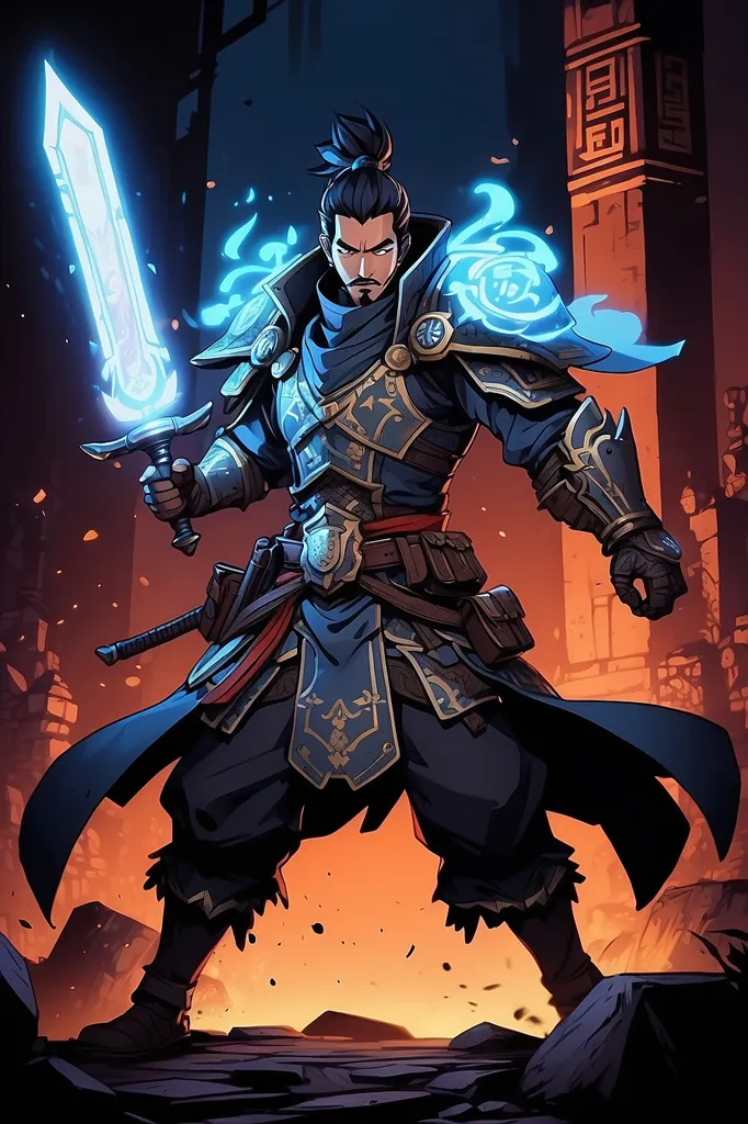 The image is of a man with a sword. He is wearing a blue and gold outfit and has a determined expression on his face. He is standing in a dark room, surrounded by rubble. The man is holding the sword in front of him with both hands. The sword is glowing blue.