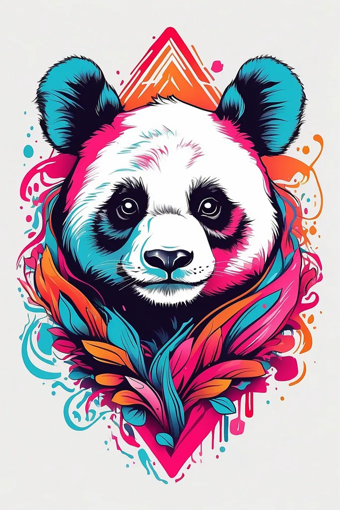 A multi-colored illustration of a panda bear. The background is white. The panda has blue and black ears, a black nose, and black eyes. The face is pink and white. The body is white and covered in pink, blue, and green leaves.