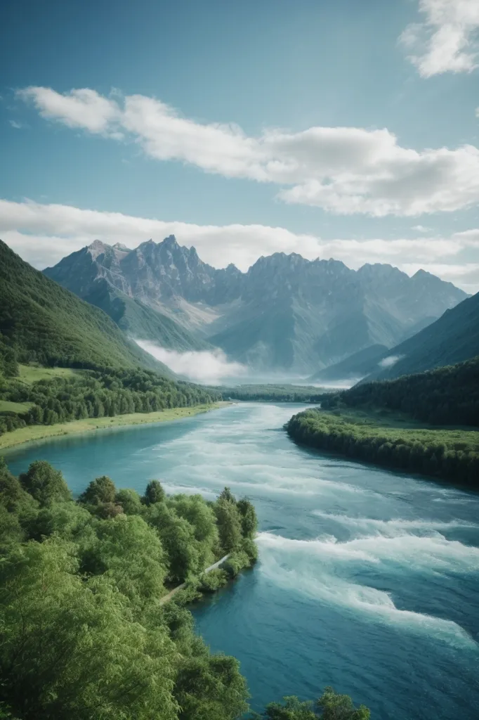 The image shows a wide river flowing through a valley. The river is surrounded by steep mountains and the valley is covered in lush green vegetation. The sky is blue and there are some clouds in the distance. The river is white and foamy, and it looks like it is moving very quickly. The mountains are covered in snow, and they look very tall and imposing. The vegetation is green and lush, and it looks like it is thriving in the warm weather. The sky is blue and clear, and it looks like a perfect day for a hike in the mountains.