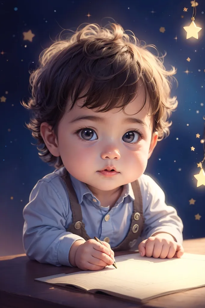 The image shows a cute baby boy with big brown eyes and curly brown hair. He is wearing a blue shirt and brown suspenders. The baby is sitting at a table and drawing on a piece of paper. There are stars twinkling in the background. The baby is surrounded by a soft, warm light. The overall tone of the image is peaceful and happy.