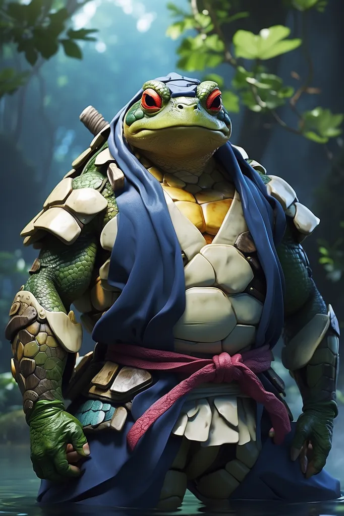 The image depicts a anthropomorphic frog dressed as a samurai. He is standing in a pond, surrounded by trees. He is wearing a blue robe and a red sash, and he is carrying a sword. He has a determined expression on his face, and it is clear that he is ready for battle.