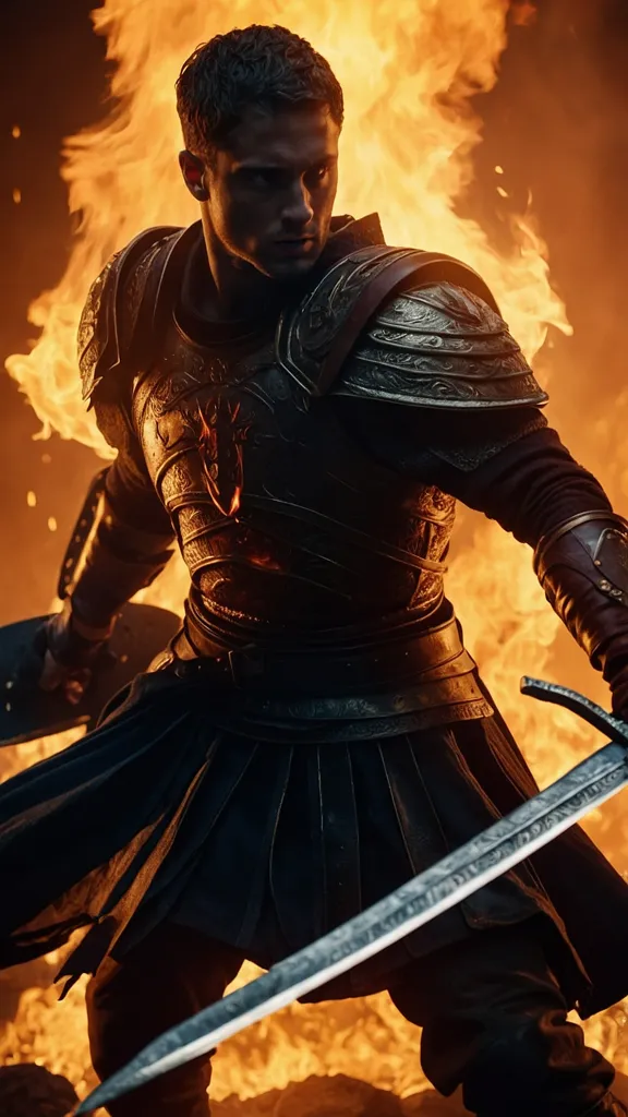 This is a picture of a warrior. He is standing in a fiery background, wearing a breastplate and a kilt. He is holding a sword and a shield. He has a determined look on his face, as if he is about to engage in battle.